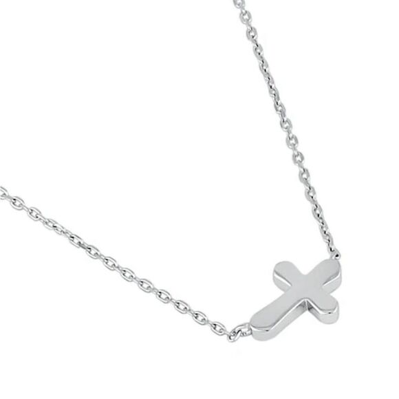 Sideways Cross Necklace – Sterling Silver CZ Pavé Horizontal  New Sterling Silver Casual Sideways Cross Casual Necklace